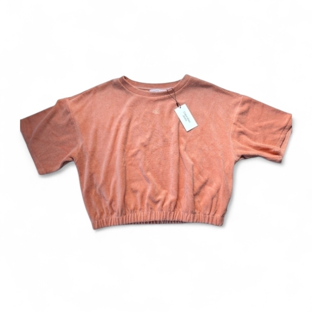 Calvin Klein Jeans Banded Hem Terry Crop Top Sweater in Coral Size Large NWT